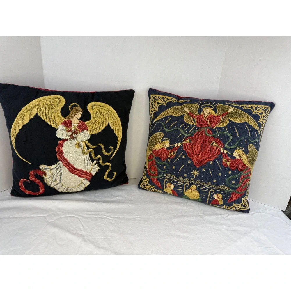 Vintage Angel Tapestry Throw Pillows‎ Set of 2 Christmas Decor Burgundy Navy